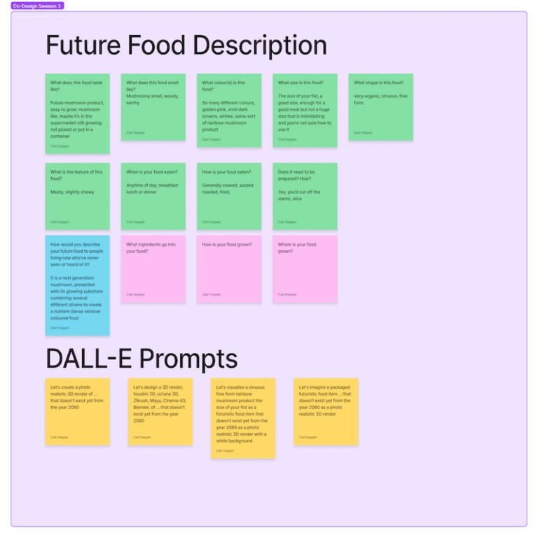 A screenshot of a purple Figjam board showing a series of digital sticky notes with questions and participant answers to help them imagine a future food.
