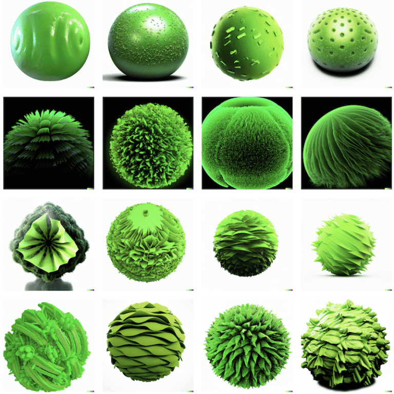 A series of 12 green ball, lettuce like images in a grid, generated using DALL-E 2